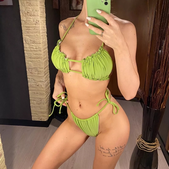 Olive Green Ruched Top and Brazilian Bottom Bikini Set - Picture 4 of 8